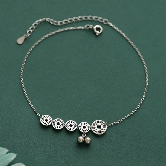 "925 Silver Plated Round Coin Dangle Tassel Anklet, - Picture 6 of 7